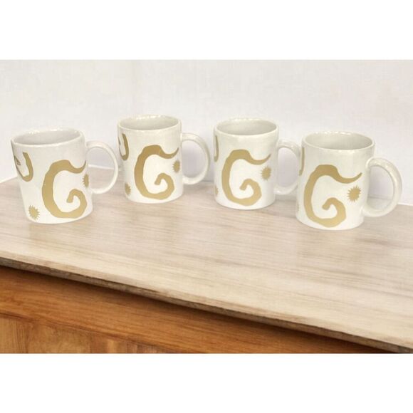 Oscar de la Renta Other - Oscar de la Renta Retired Ceramic Coffee Mugs White Gold Swirl Cups Set Of 4